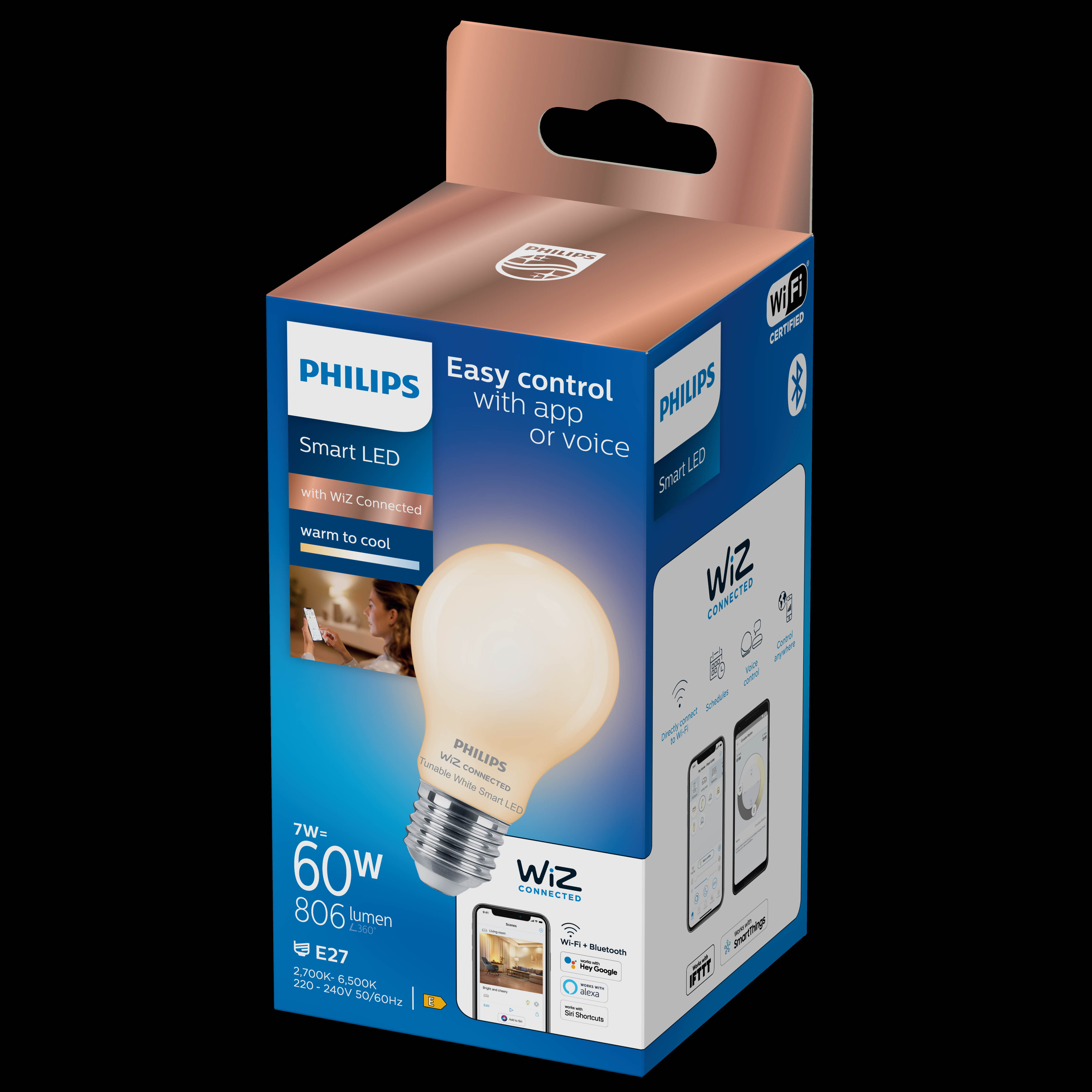 PHILIPS Smart LED E27, WiZ connected, 7 W, 806 lm, satiniert, dimmbar