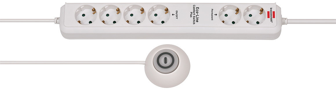 Brennenstuhl Eco-Line Comfort Switch Plus, Steckdosenleiste 6-fach (2 permanente, 4 schaltbare Steckdosen, beleuchteter Fußschalter) weiß