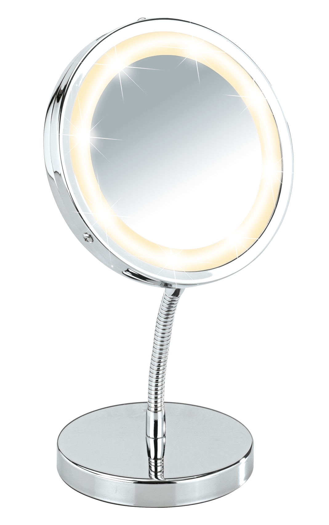 Wenko Brolo LED Kosmetik-Standspiegel Ø 15 cm, 3-fach Vergrößerung, silber glänzend
