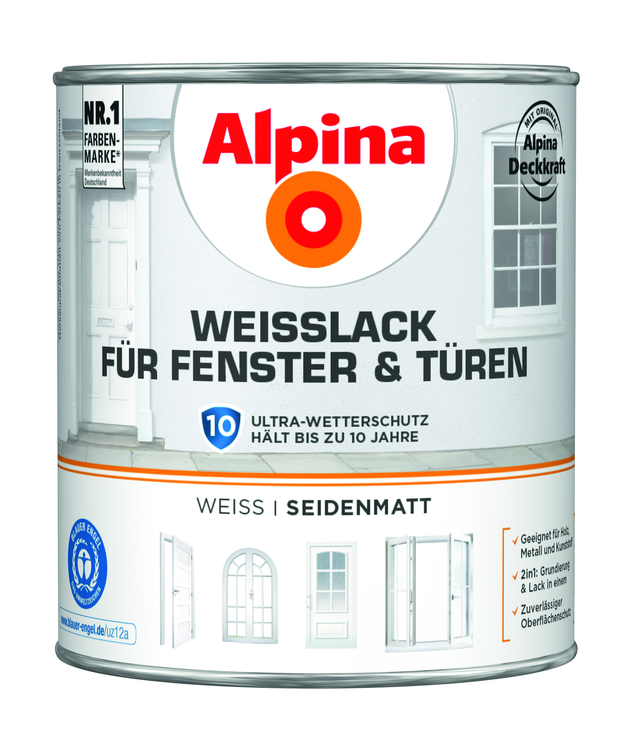 Alpina Weißlack für Fenster und Türen - Weiß 2 Liter, seidenmatt