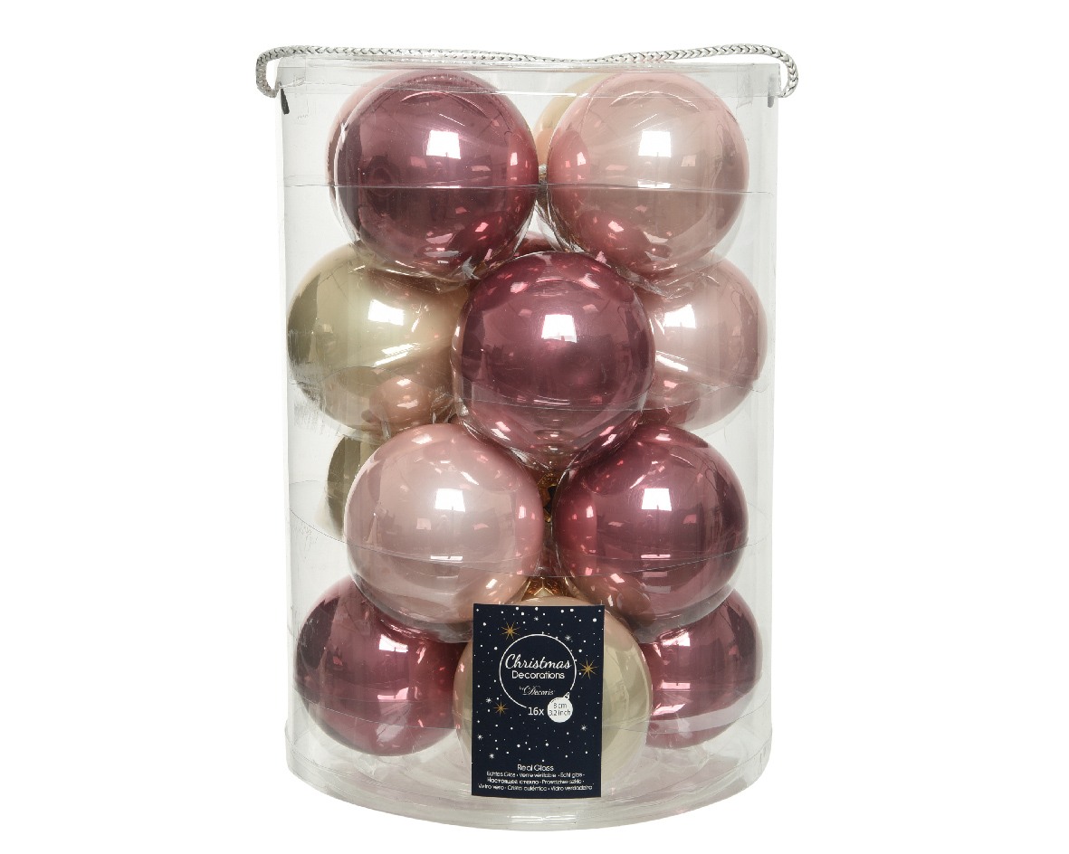 Decoris® Weihnachtskugeln Glas Mix, Ø 8 cm, Rosa/Pink, 16 Stück