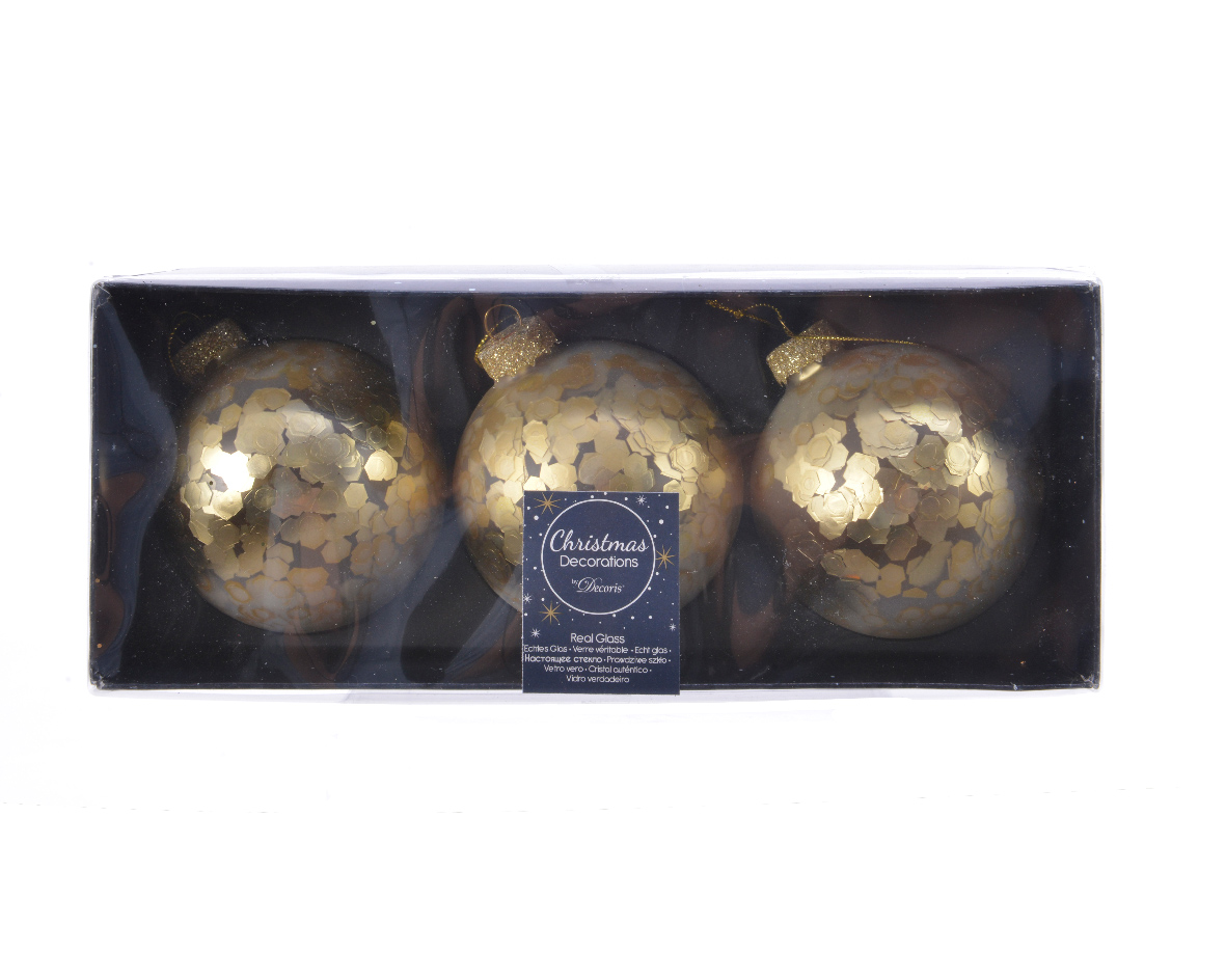 Decoris® Weihnachtskugel Glas, Ø 8 cm, Gold Pailletten, 3 Stück