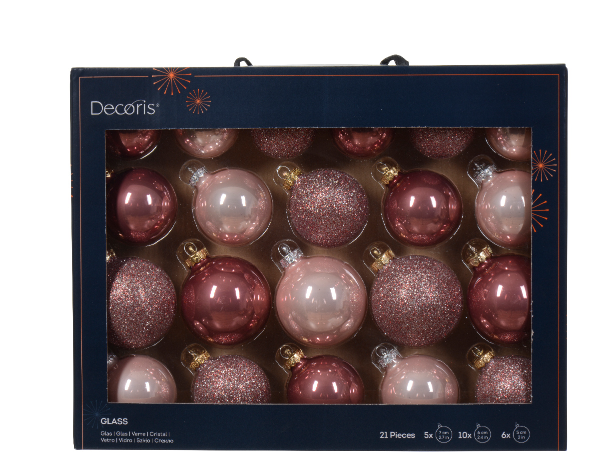 Decoris® Weihnachtskugeln Glas Mix, Ø 7 cm, Pink, 21 Stück