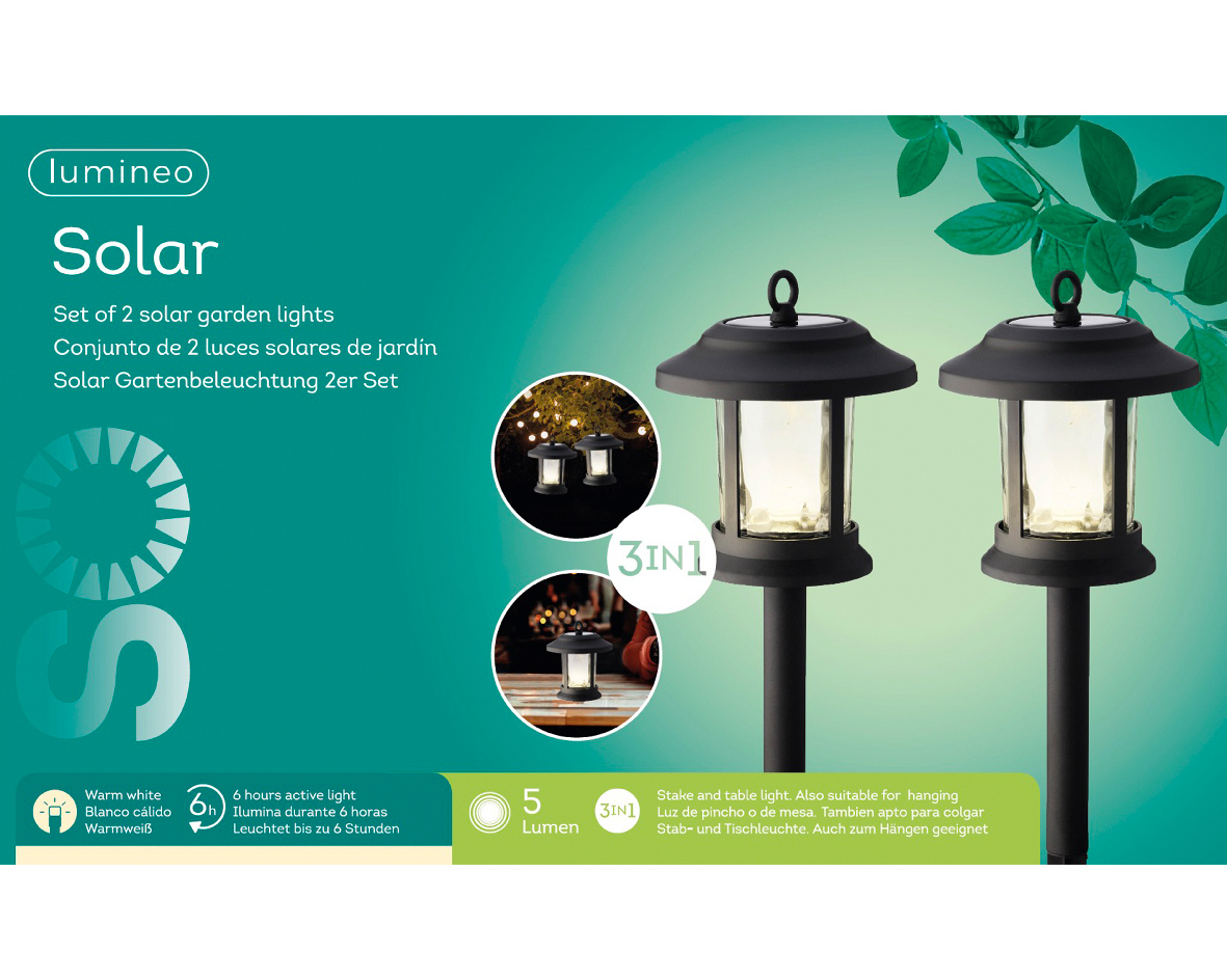 Lumineo LED Solar Gartenbeleuchtung 3in1, 2er Set