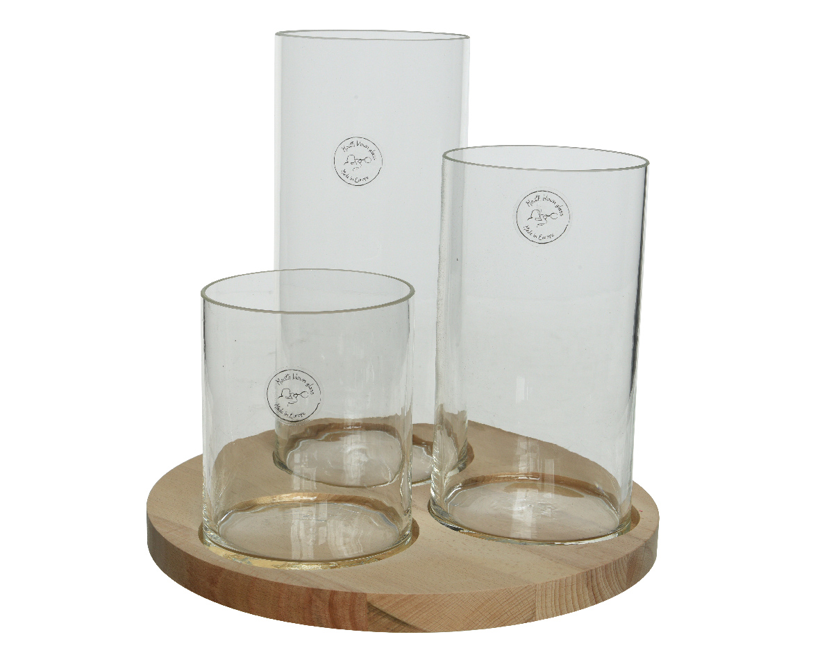 Kaemingk Glas-Vasen auf Holztablett, Ø 28x26 cm, 3er Set