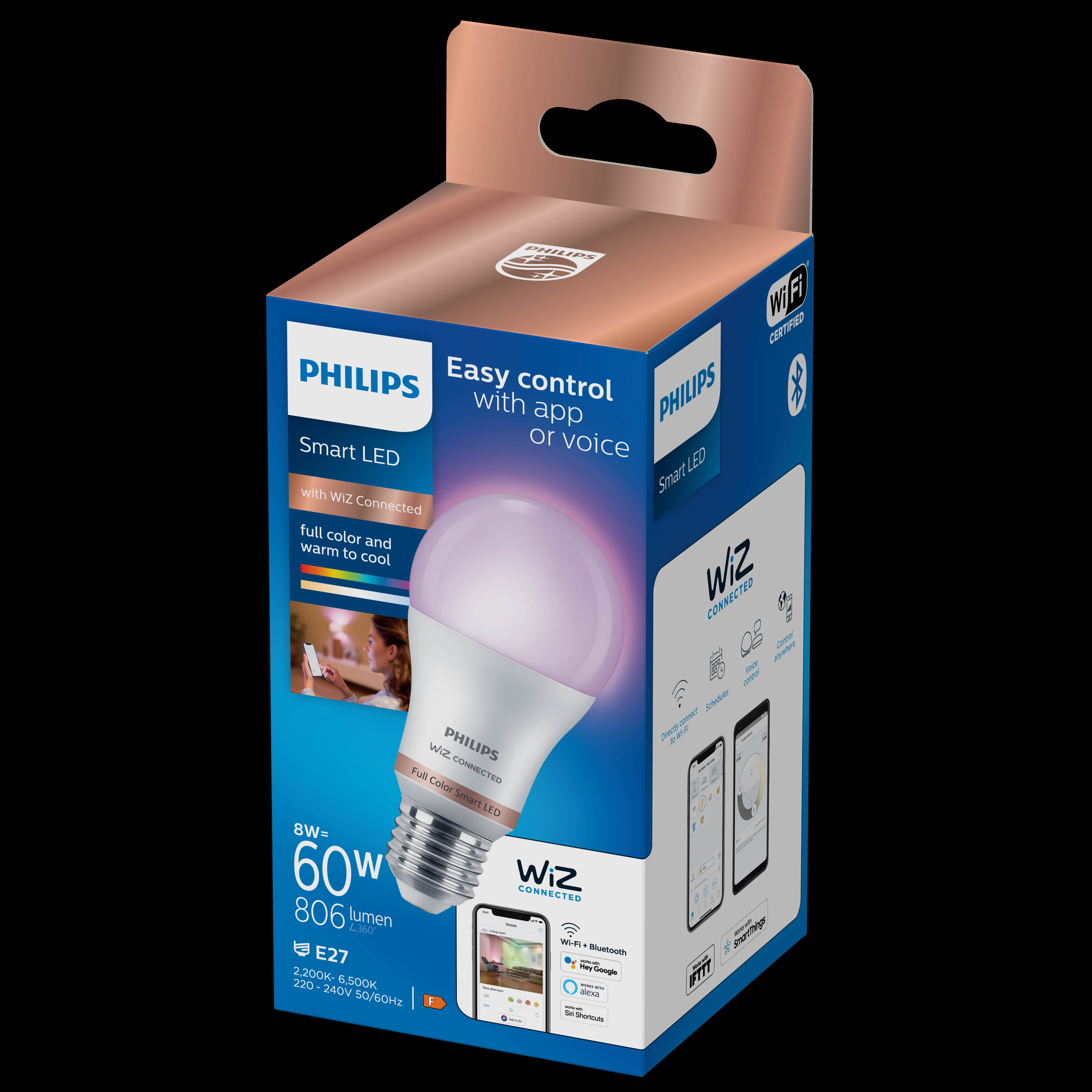PHILIPS Smart LED E27, WiZ connected, 8 W, 806 lm, Full color, dimmbar