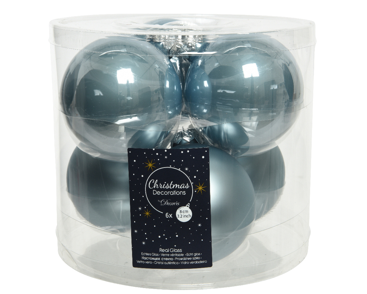 Decoris® Weihnachtskugeln Glas Mix, Ø 8 cm, Nebelblau, 6 Stück