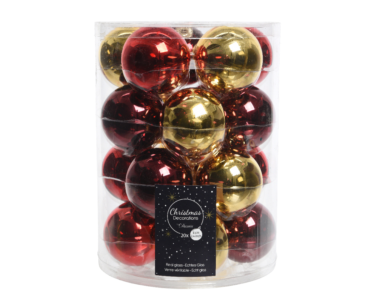 Decoris® Weihnachtskugeln Glas Mix, Ø 6 cm, Rot/Gold, 20 Stück