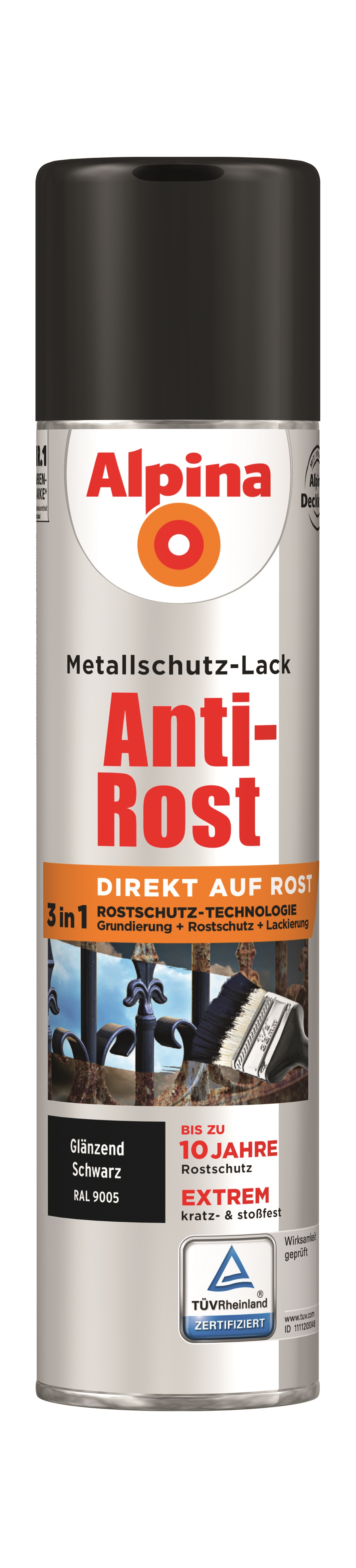 Alpina Anti-Rost Metallschutz-Lack, Spray - Schwarz 400 ml, glänzend