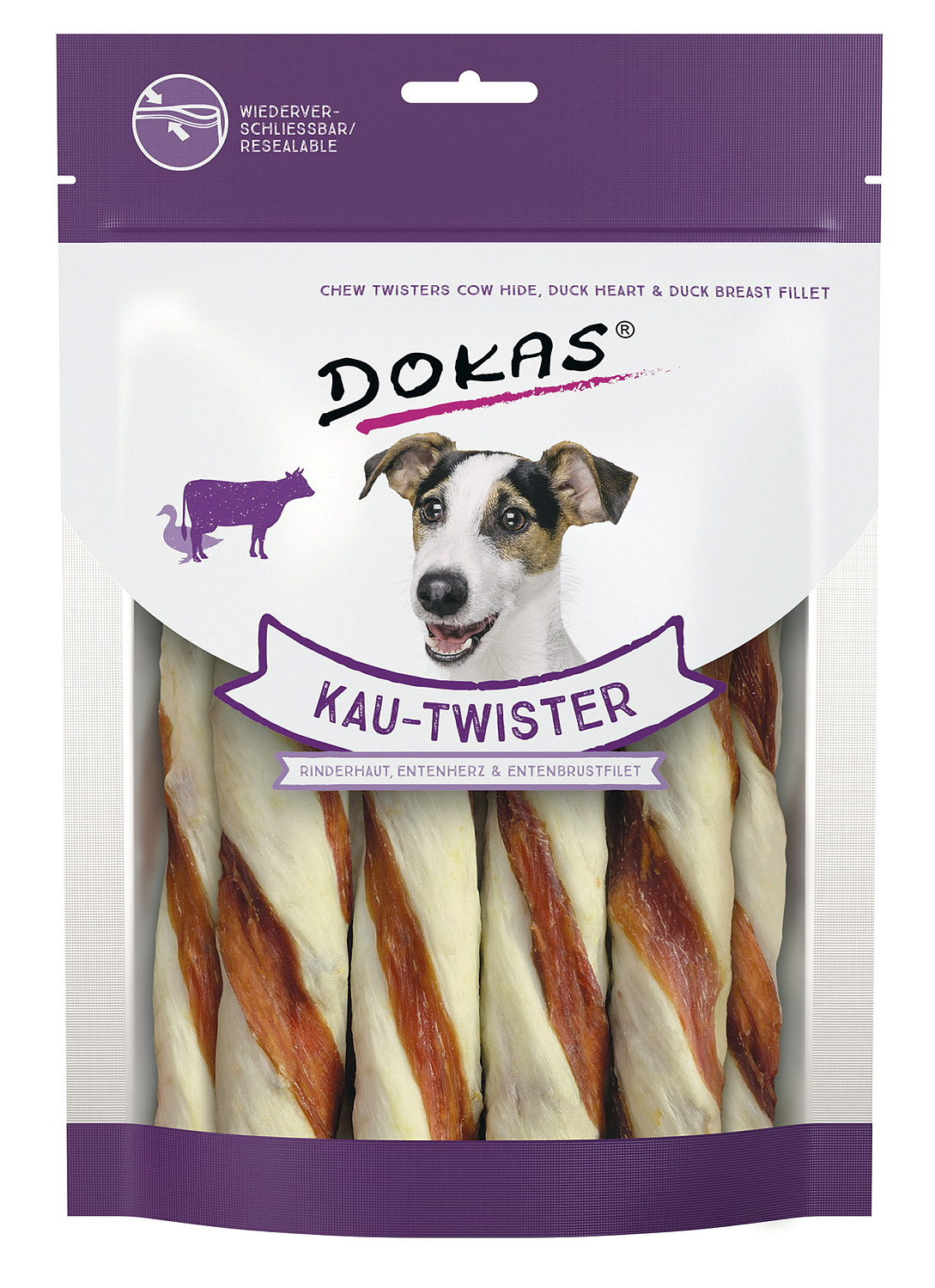 Dokas® Kau-Twister Rinderhaut, Entenherz + Entenbrust 200 g