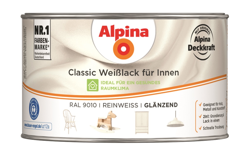 Alpina Classic Weißlack für innen - RAL 9010 Reinweiß, glänzend, 300 ml