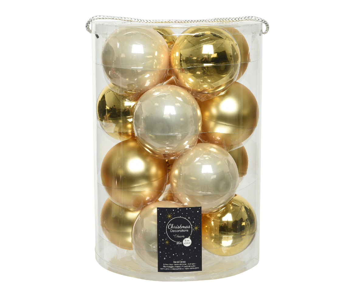 Decoris® Weihnachtskugeln Glas Mix, Ø 8 cm, Perlmutt/Gold, 16 Stück