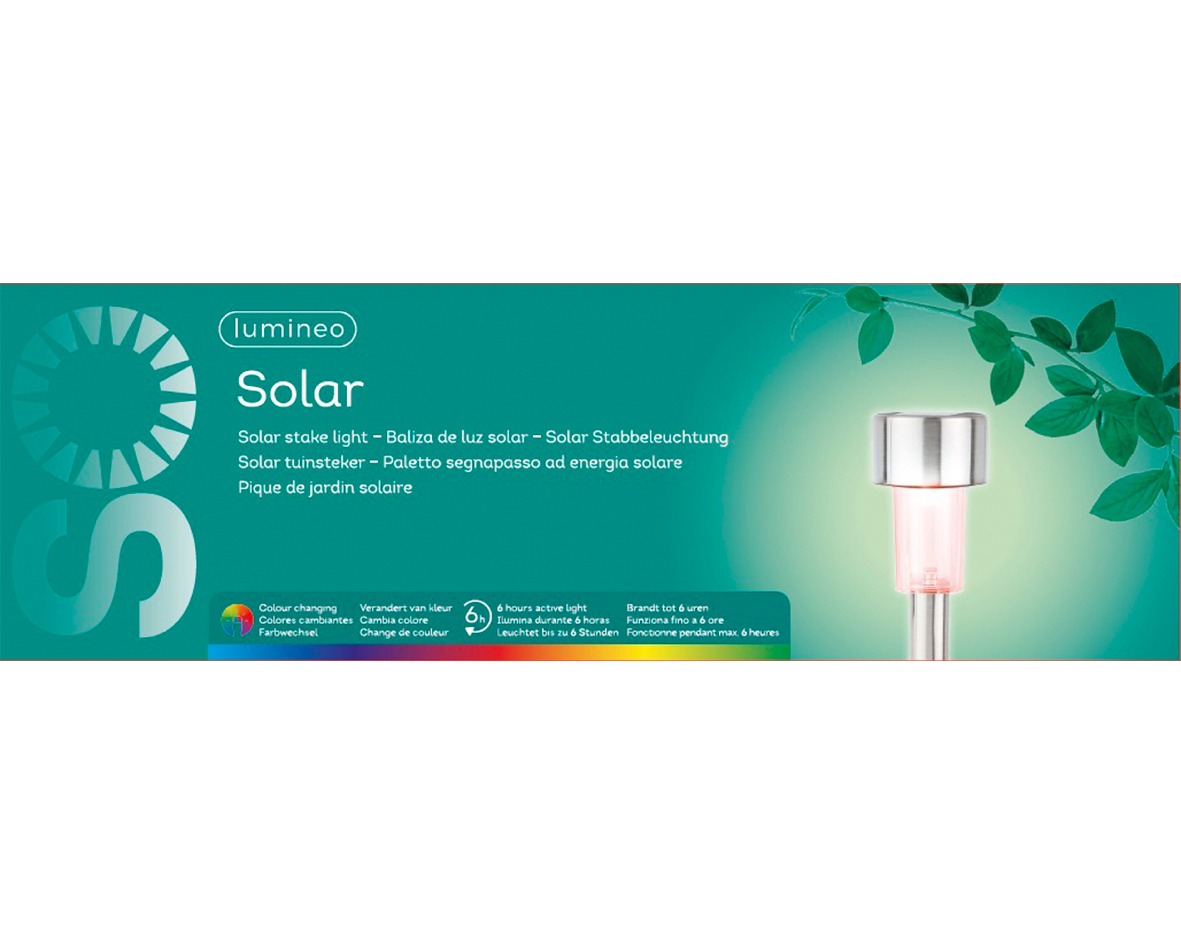 Lumineo LED Solar Stabbeleuchtung, Edelstahl, Farbwechsel