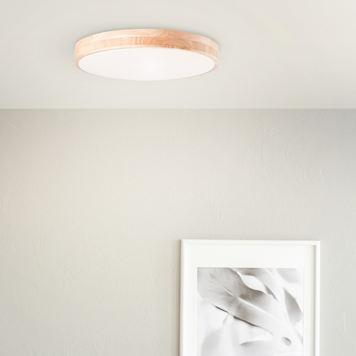 brelight LED-Deckenleuchte Slimline Ø 50 cm, 36 W, dimmbar, Weiß/Holz
