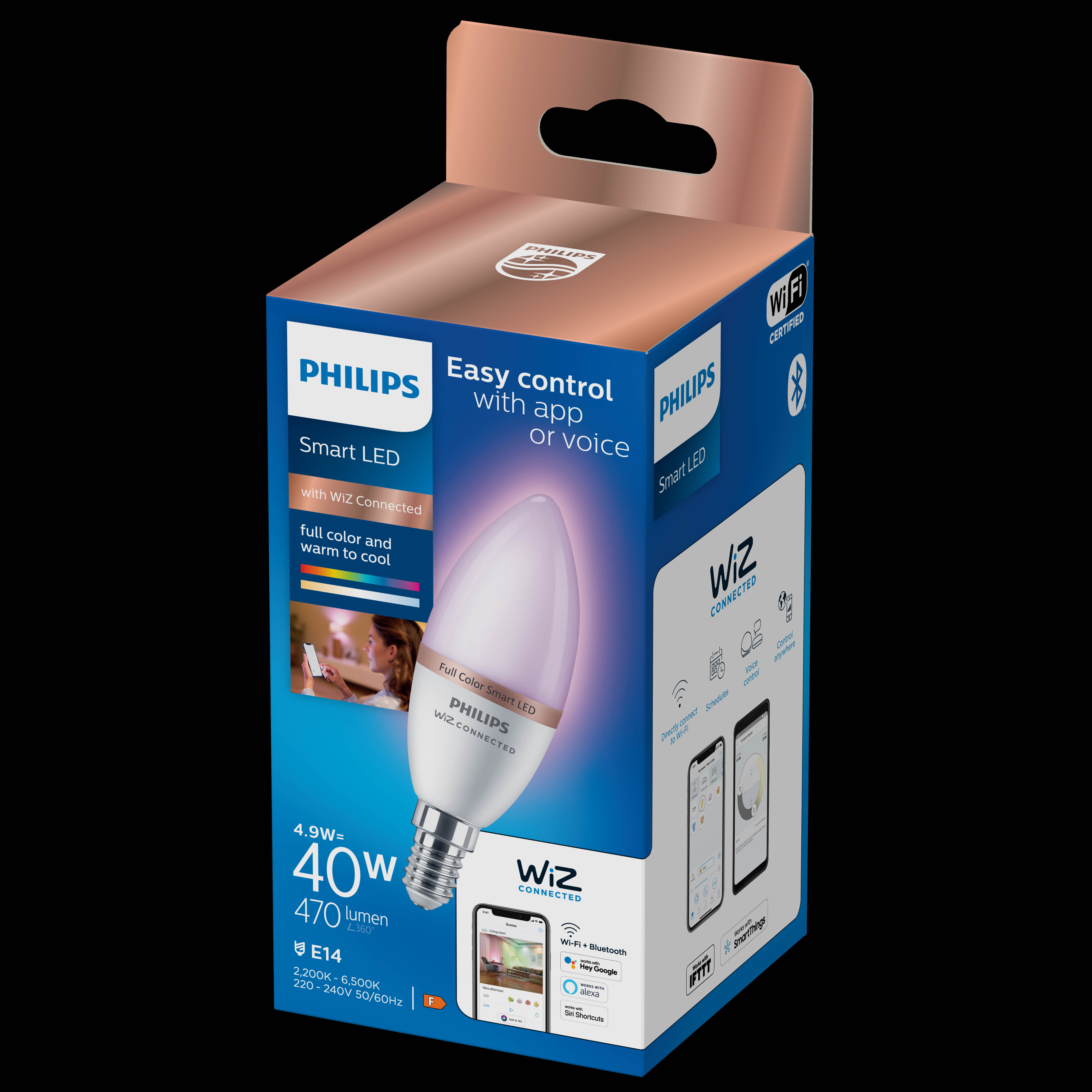 PHILIPS Smart LED E14, WiZ connected, 4,9 W, 470 lm, Full color, dimmbar