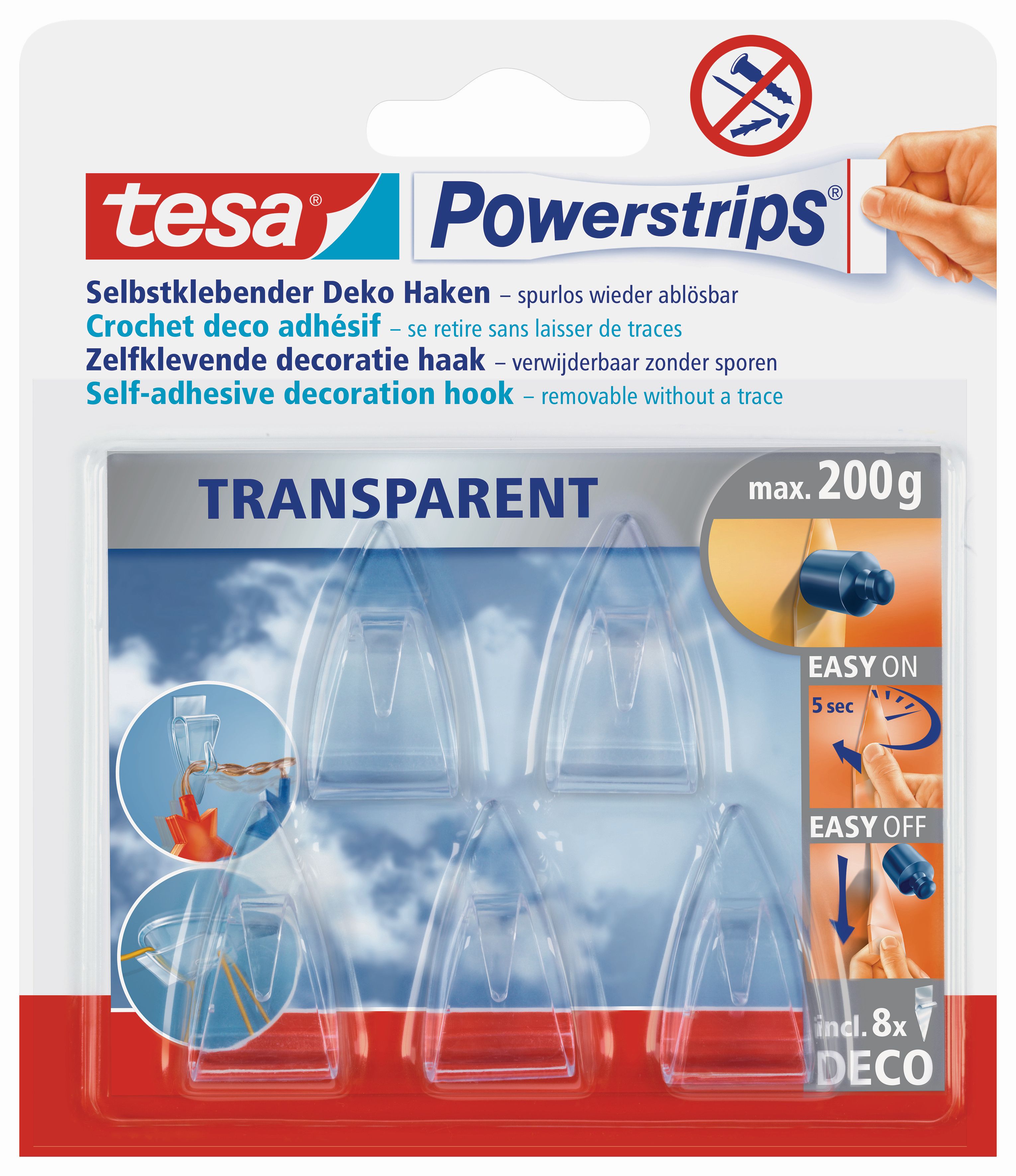 tesa Powerstrips® Dekohaken - selbstklebend, transparent (200 g)