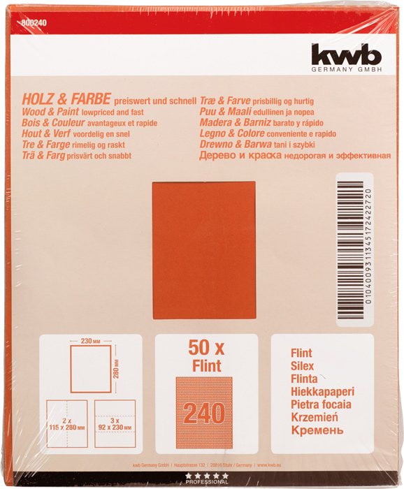 kwb Schleifpapier HOLZ & FARBE, Flint Körnung, 230 x 280 mm, K 240