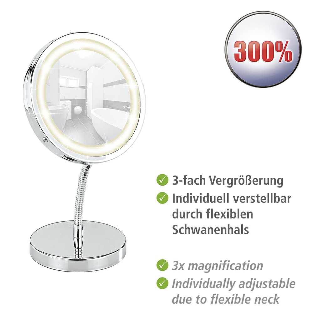 Wenko Brolo LED Kosmetik-Standspiegel Ø 15 cm, 3-fach Vergrößerung, silber glänzend