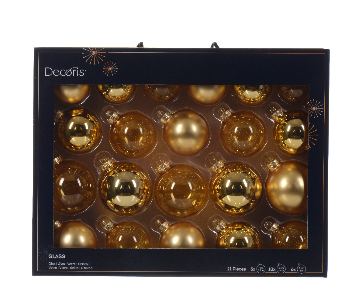Decoris® Weihnachtskugeln Glas Mix, Ø 7 cm, Hell Gold, 21 Stück