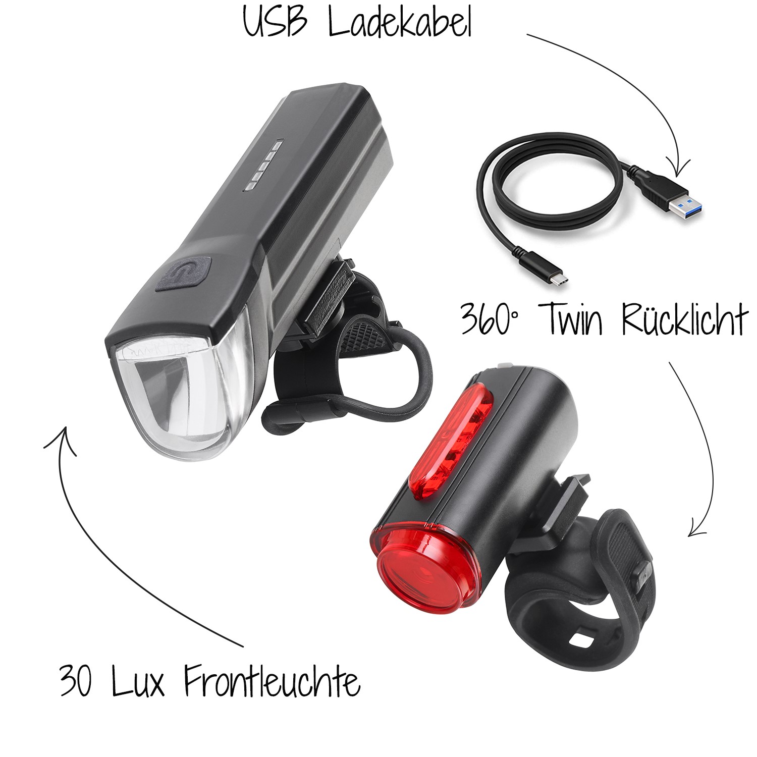 FISCHER Fahrrad Akku-LED-Leuchtenset TWIN 30/15 Lux