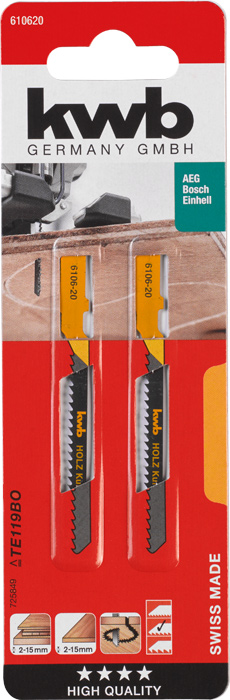 kwb Stichsägeblätter 77/55 mm, für Holzbearbeitung, HCS, Einnockenschaft, spezieller Einstichzahn, Kurve