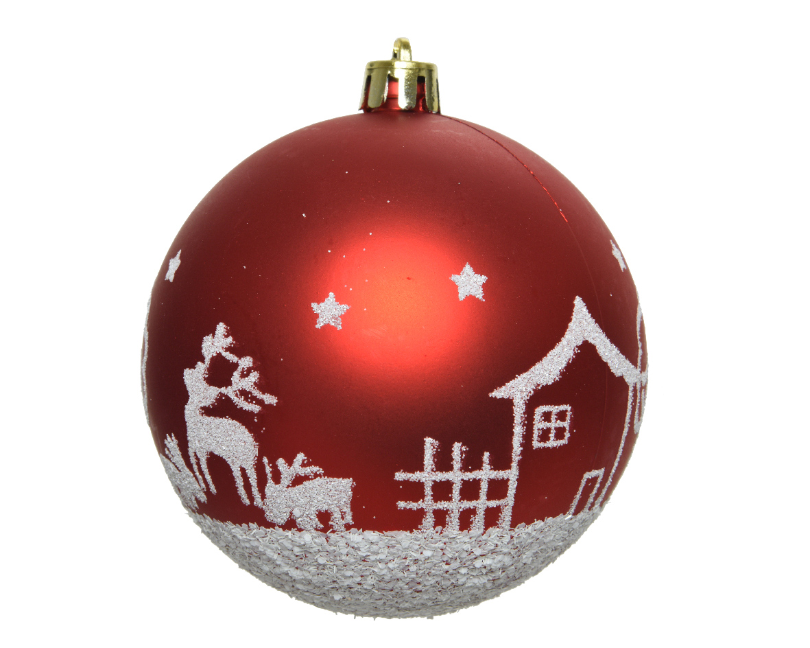 Decoris® Weihnachtskugel Bruchfest, Haus und Rentiere, Ø 8 cm, Weihnachtsrot