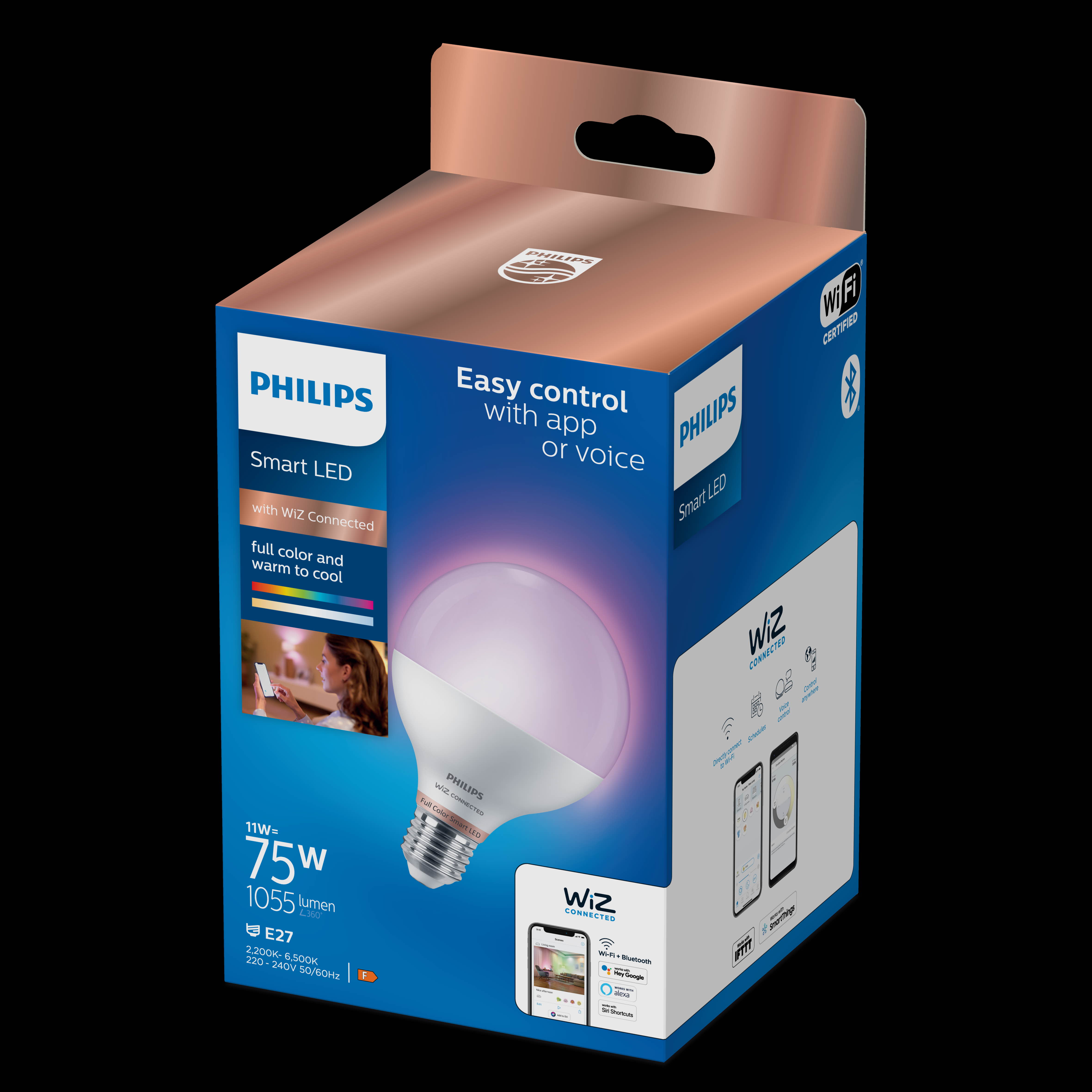 PHILIPS Smart LED E27, WiZ connected, 11 W, 1055 lm, Full color, dimmbar - Globe