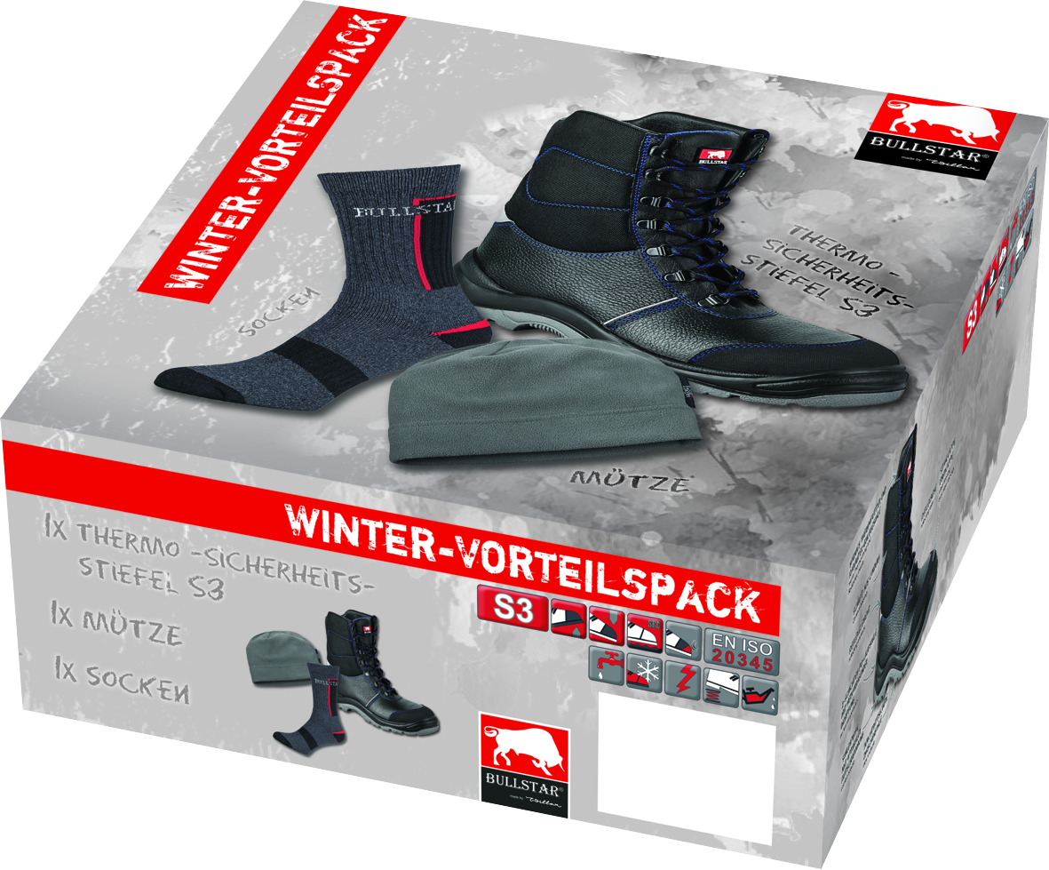 BULLSTAR Winter-Vorteilspack, Sicherheits-Winterstiefel S3, Gr. 46, Fleece-Mütze und Socken