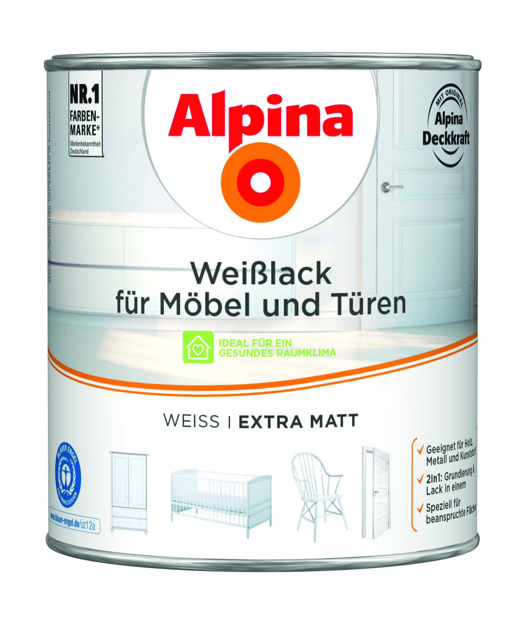 Alpina Weißlack für Möbel und Türen - Weiß 2 Liter, extra matt