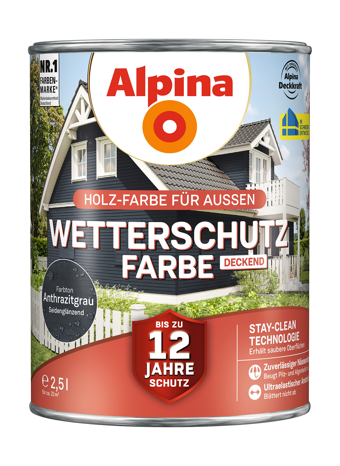 Alpina Wetterschutz-Farbe, deckend - Anthrazitgrau 2,5 Liter, seidenglänzend